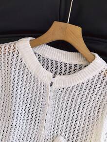 女士优雅镂空针织两件套，时尚休闲露脐上衣和半身裙，适合春夏海滩度假 - 白色 - 查看 5