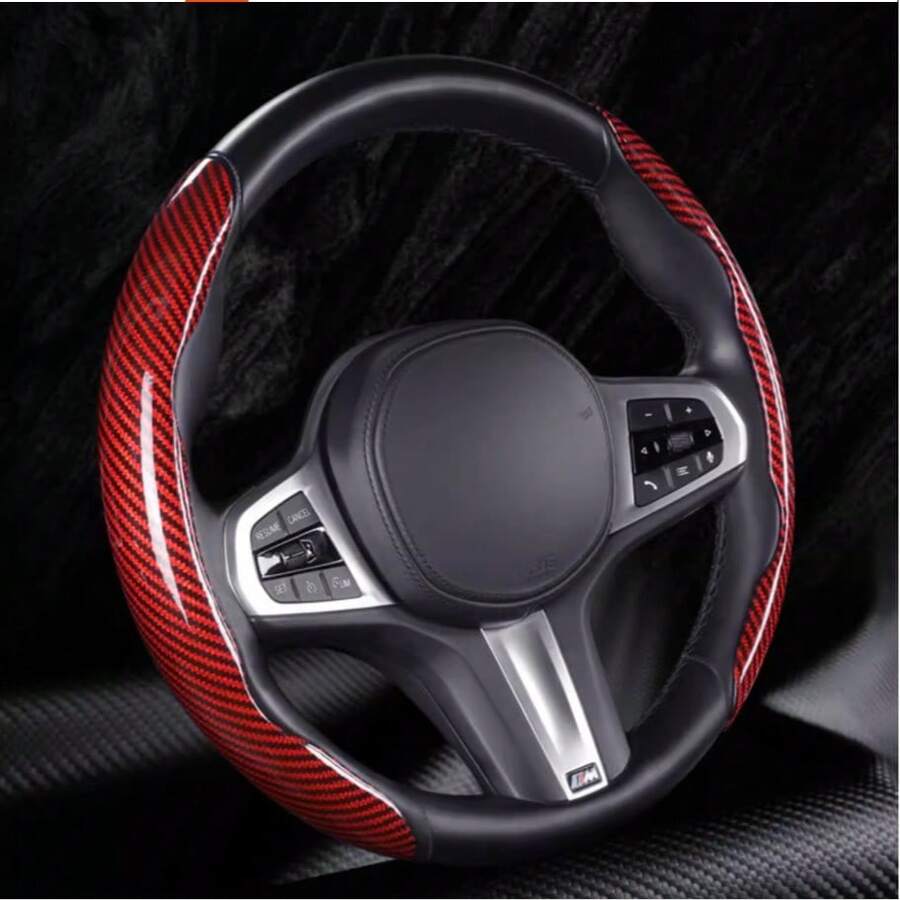Laser Carbon Fiber Leather Car Steering Wheel Cover, New Buckle Style, Ultra-Light, Anti-Slip, Breathable, Unisex Fashion Versatile Sleeve - Multicolor - View 1
