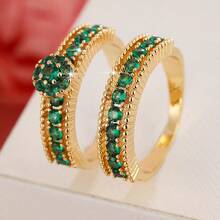 女士两件套铜戒指，优雅复古新娘叠戴戒指，镶嵌闪亮锆石，日常/婚礼首饰，情人节礼物 - 婚禮對戒1 - 查看 14