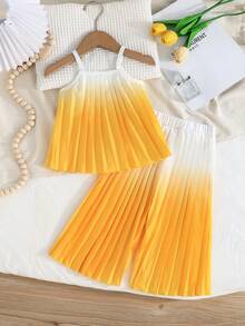 Baby Girls' Yellow & White Ombre Pleated 2 Pieces Set - Camisole + Wide Leg Pants, Fresh & Flowy Summer Childrenswear - Yellow - View 3