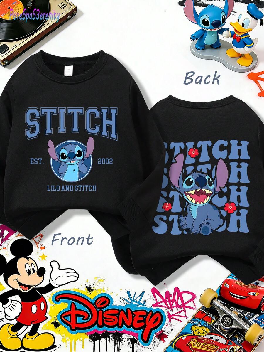 1pc Disney Stitch Classic Collegiate Badge Print With Playful Expression Tween Boys Preppy Sweatshirt - Soft & Versatile, Ideal For Back To School, Daily Commutes And Weekend Hangouts - 黑色 - 查看 1