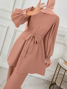 女士纯色圆领长袖上衣和裤子阿拉伯套装，情人节女士套装，仙女风，优雅端庄女士睡袍套装，度假粉色春季装 - 粉色 - 查看 2