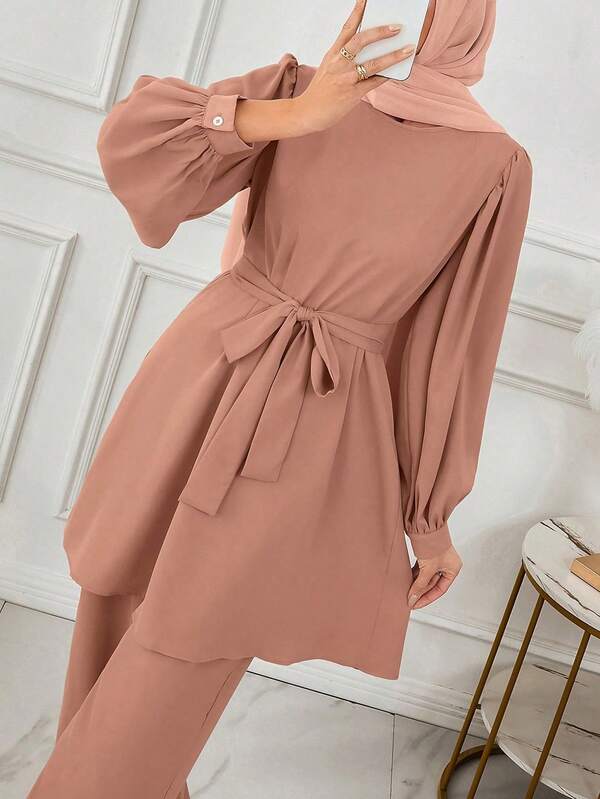 女士纯色圆领长袖上衣和裤子阿拉伯套装、情人节女士套装、Fairycore、女士长袍套装优雅、朴素套装、度假装