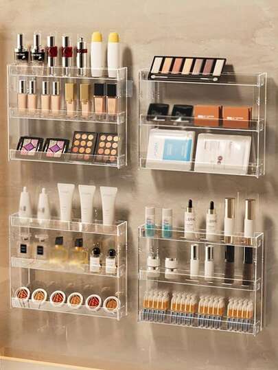 1/2pcs Wall Mounted Multi-Function Makeup Organizer - No Drill Self-Adhesive Transparent Makeup Organizer - Multi-Tier Durable PET Material Makeup Display Rack, Shower Caddy, Eyewear Stand, Bathroom Accessory. For Lipstick, Perfume, Nail Polish, Eyeshadow, Foundation, Blush Multi-Function Storage Accessory - Room Decor - Home Decor Gift