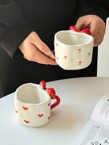 1pc Heart-Shaped Ceramic Coffee Mug, Korean Minimalist Ins Style Creative Personalized Ceramic Mug, Heart-Shaped Cup & Bowknot Handle, Handmade Coffee Cup, Suitable For Home, Restaurant, Cafe - Cute, Creative, Personalized Breakfast Cup, Tea Cup, Coffee, Perfect Birthday And Holiday Gift - Multicolor - View 3