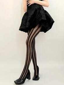 1双女士竖条纹透明网眼丝袜，复古性感防勾丝，适合派对、日常穿着、约会、度假等场合。 - 黑色 - 查看 4