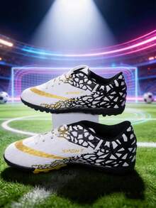 All-Season Sports Competition Football Shoes, For Teenagers And Students, Football Training Shoes, Football Match Shoes, Soft Spikes, Comfortable (Shoelaces In Black & White, Asymmetrical Camouflage Pattern On Uppers) - White - View 11