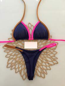 2pcs Bohemian Leopard Print Casual Cute Elegant Sexy Tie-Dye Crochet Contrast Trim Bikini Swimsuit, Beach Holiday, Spring/Summer - Navy Blue - View 1