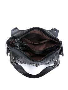 1件复古大容量手提包，复古PU单肩斜挎包，女士休闲托特包兼钱包 - 黑色 - 查看 7