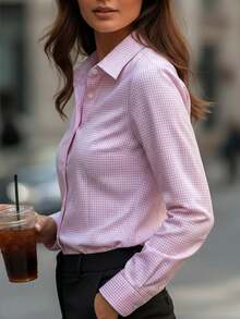 1pc Women's Elegant Spring/Summer New Plaid Long Sleeve Shirt, Business Casual All-Season Fashion Piece, Suitable For Business Meetings, Suit Undershirt, Hangout With Friends, Casual Outings - Pink - View 5