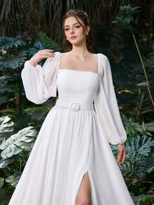 Faeriesty 优雅白色方领雪纺连衣裙，灯笼袖设计，腰部系带高开衩，适合派对、晚宴、鸡尾酒会、婚礼宾客等场合。 - 白色 - 查看 6