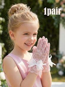 1 Pair Girls' Bubble Bow Lace Gloves, Pink, For Ages 4-12 Years - 1Pair - View 2