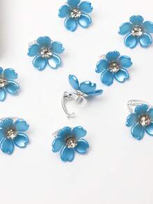 10pcs Girls Vacation Blue Rhinestone Flower Hair Ring White Small Flower Hair Clip Suitable For Daily Life, Party, Wedding Or Vacation - Blue - View 3