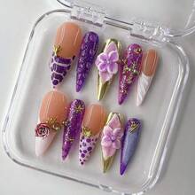NailLuxe 10 PCS Handmade Stiletto Press - On Nails | Purple Floral Glitz Nails With Peach & Purple Bases, Floral & Glitter Embellishments For Luxe Sweet Styles - 紫羅蘭色 - 查看 8