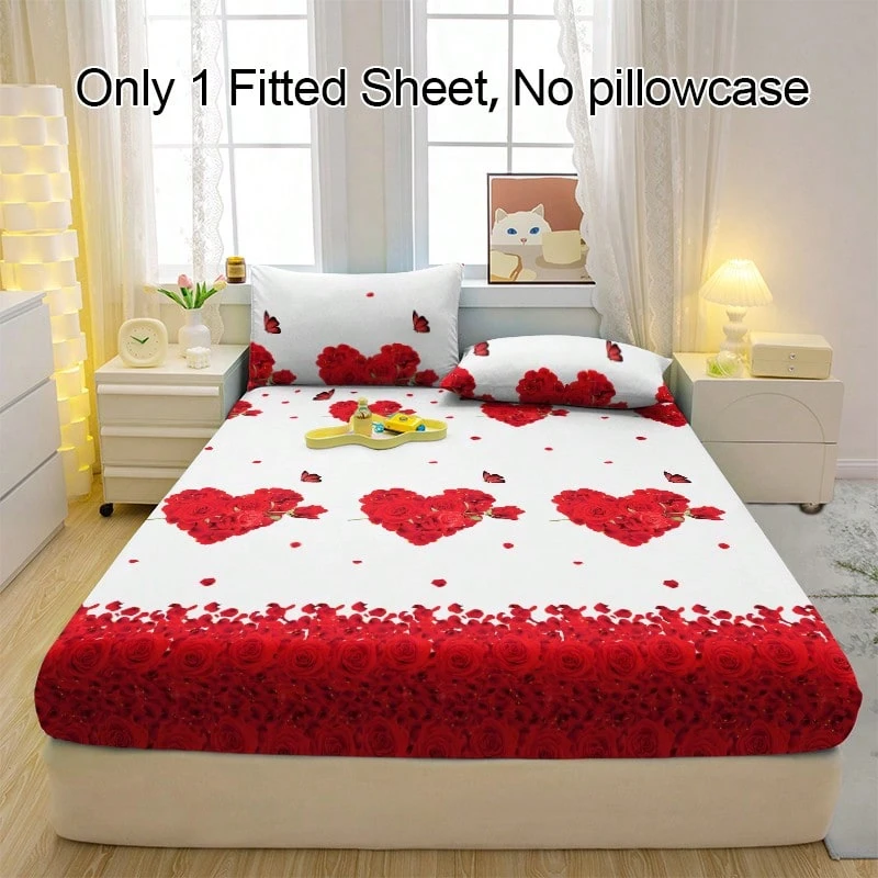 1pc Butterfly Love Heart Pattern Breathable Fitted Sheet, Soft & Comfortable Mattress Cover For Bedroom, Guest Room And Dormitory, Mattress Protector, Bedding Set (Pillow Case Not Included) - Multicolor - View 1