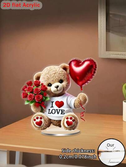 1pc 2D Acrylic Flat Boho Style Teddy Bear With Rose And Heart Balloon, "I Love" Design - Ideal For Home, Office, Garden, Perfect Valentine's Day Gift, Home Decor