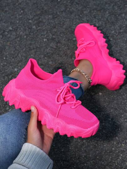 Platform Sneakers For Women Extra Wide Fit, Neon Pink Chunky Sole, Breathable Knit With Free Anklet