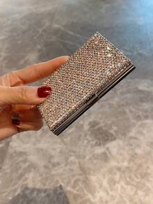 1pc Metal Business Card Holder, Shiny Rhinestone Embellished, Portable Large Capacity Card Case, Unisex Business Gift - Silver - View 6