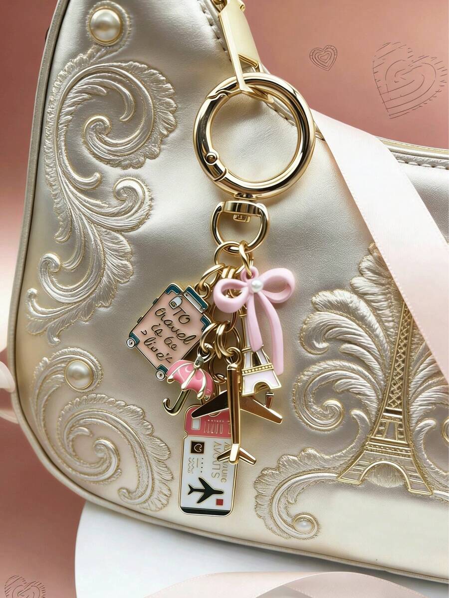 女士单肩包旅行配件钥匙扣，户外机票旅行吊坠，蝴蝶结钥匙扣，旅行饰品，旅行钥匙扣，旅行必备，飞机包吊坠，包包挂饰，包包装饰品，链条包吊坠，装饰链，钥匙扣 - 彩色 - 查看 1