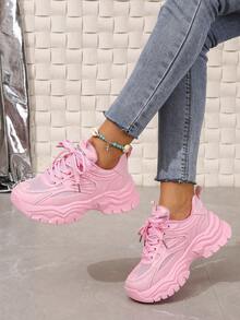 New Women Thick Sole Sneakers, Breathable Mesh Upper, Fashion Outdoor Flat Chunky Sneakers, Fuchsia - Pink - View 3