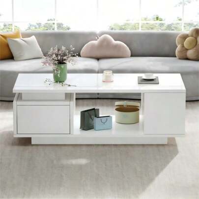 Coffee Table Measuring 100 X 50 X 36 Cm, Coffee Table With Drawer, High-Brightness LED Side Table, Sofa Table, Living Room Table With Four Side Compartments And A Cut-Out Design In The Center. White Color.