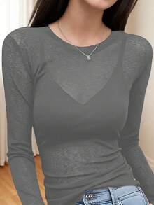 2025 Spring/Autumn Women Crew Neck Layering Tee, Sheer Mesh Long Sleeve Thin Top - Grey - View 4
