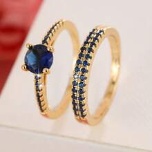 女士两件套铜戒指，优雅复古新娘叠戴戒指，镶嵌闪亮锆石，日常/婚礼首饰，情人节礼物 - 婚禮對戒10 - 查看 17