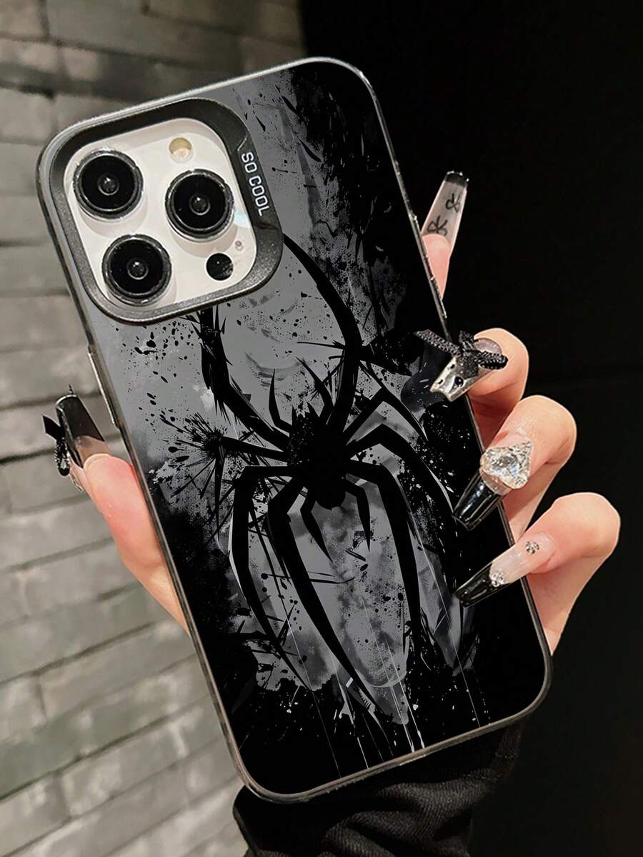 1pc Black & White Spider Web UV Printed Design Protective Phone Case, Soft TPU Cover Compatible With IPhone 17 16 15 14 13 12 11, Gift For Valentine's Day, Birthday, Christmas, Halloween, Boyfriend, Family And Friends - Grey - View 1