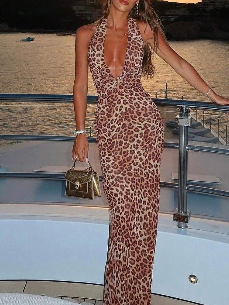 Women's Fashion Vacation Beach Deep V Twist Tie Waist Leopard Print Mesh Patchwork Backless Sexy Dress Wedding Spring Party - Brown - View 1
