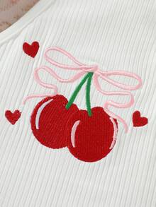 3pcs Baby Girl Casual Daily Fashion Sweet Cute White Knitted Vertical Stripe Sleeveless Round Neck Cherry Embroidery Cardigan Top, Red Plaid Double Layer Cake Skort, And Bow Headband Set, Summer - Red - View 11