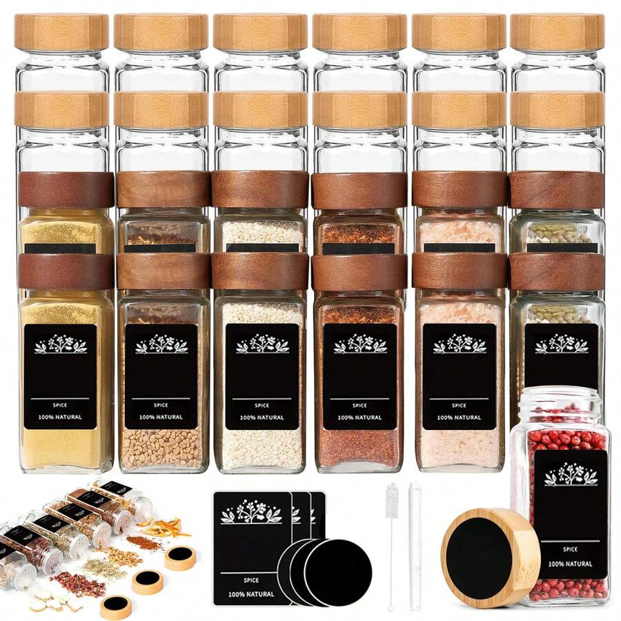 Glass Spice Jars With Rosewood/Bamboo Lids & Labels, 8/12/24-Piece Sets Empty Clear Glass Spice Bottles With Swing-Top Lids Airtight Kitchen Seasoning Storage Containers Herbal Spice Containers With Labels - Multicolor - View 1