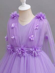 Young Girl Elegant Floral Flower Girl Wedding Dress Princess Tulle Long Gown, Suitable For Formal Occasions, Parties, Anniversaries - Purple - View 7