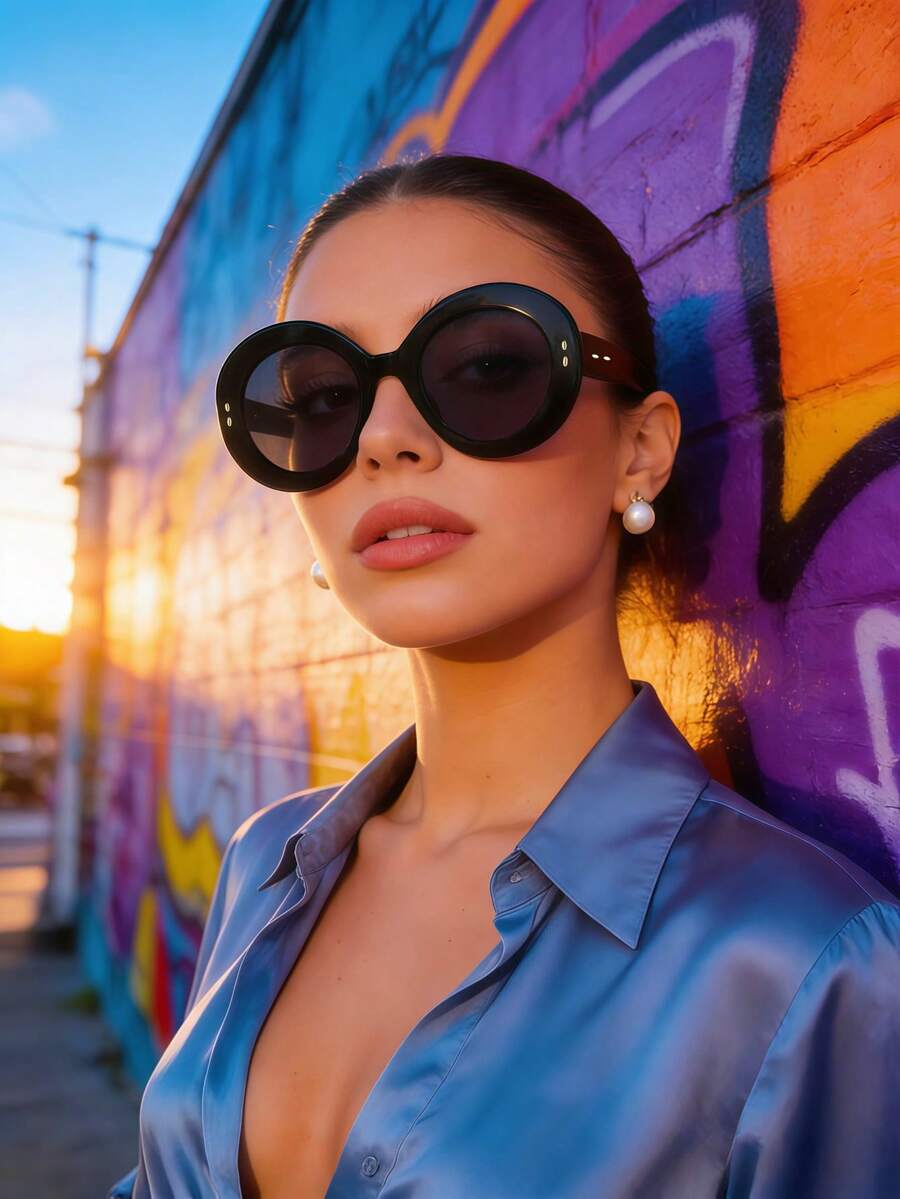 1副男女通用椭圆形大框复古街头Y2K时尚简约眼镜，适合度假佩戴 - 黑色 - 查看 1