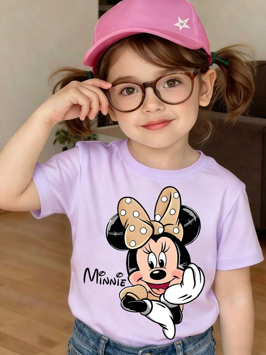 Disney Light Purple Background Minnie Mouse Polka Dot Bow Print Kids' Short Sleeve T-Shirt - Playful And Cute Casual Top - Màu tím hoa cà - Xem 1