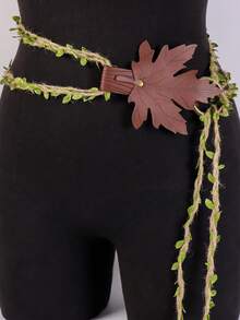 Artificial Leaf Skinny Belt With Wooden Buckle Twisted Braided Vintage Waist Rope Chain Bohemian Waist Belt Adjustable Hemp Rope For Dress DIY Renaissance Medieval Viking Accessories - Brown ZSJ-267Z ZSJ-271 - View 4