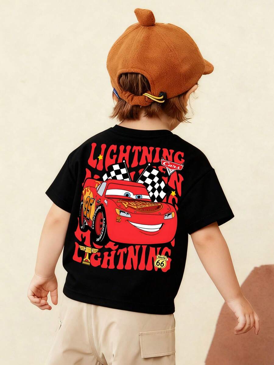 Disney Black Background Cars Lightning McQueen Print Kids' Short Sleeve T-Shirt - Playful And Cute Racing Style Top - màu đen - Xem 1