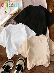 3件組青少年女童/男童春夏套裝，百搭風格，易於搭配，適合DIY客製化。套裝包含3件柔軟快乾針織面料圓領短袖T恤，適合日常休閒、居家或旅行穿著。 - 彩色 - 查看 2