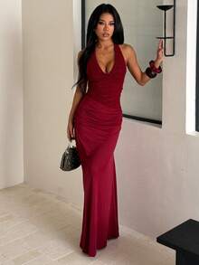 Đầm dự tiệc màu trơn, chất liệu vải dệt kim thanh lịch và gợi cảm, thiết kế hở lưng, xẻ tà cao đến đùi, thích hợp cho các buổi tiệc trang trọng, tiệc sinh nhật, tiệc độc thân, tiệc tựu trường, mùa xuân/hè. - Màu Đỏ Sâu - Xem 5