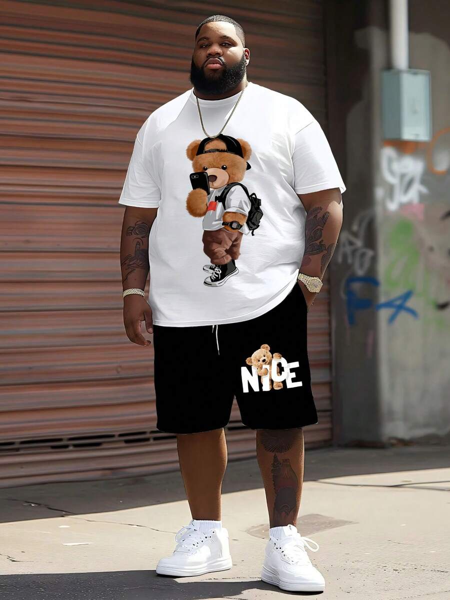 Plus Size 2pcs Big & Tall Cool Bear Set | Bear Headphone & Backpack Print T-Shirt + "NICE" Bear Black Shorts, American Casual Street Style 2-Piece Set Summer - Black and White - View 1