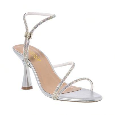 Stessy Shoes Sandália Feminina Strass Brilhante Salto Alto Fino Mulher Elegante Festa Casamento Moda Glamour Confortável Moda 2026