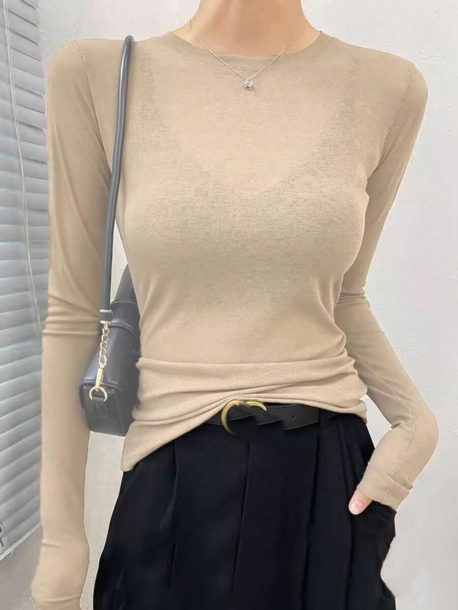 2025春秋女式圆领打底T恤，透视网纱长袖薄款休闲上衣 - 杏色 - 查看 1