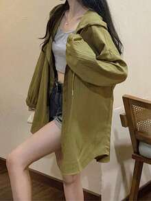 YCYC 休閒純色落肩長袖抽繩連帽寬鬆襯衫 - 軍綠色 - 查看 4