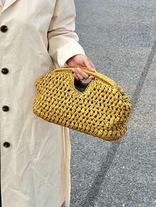 法式小众复古编织手提包，褶皱贝壳包，草编斜挎包，链条单肩包，适合度假和海滩 - 黃色 - 查看 6