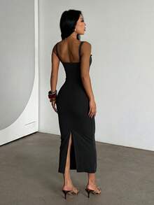 WOWDARK Women Elegant Slim-Fit Lace Splice Slim Slit Camisole Dress, Strap Package-Up Dress, Festival, Party, Evening Gown - màu đen - Xem 7