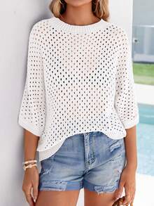 Women's Summer Crochet Top - Hollow-Out Batwing Sleeve Cover-Up, Cute Pullover Knitwear, Beach Vacation Outfit - trắng - Xem 5