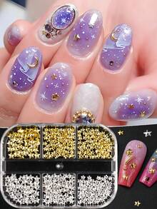 Hộp 6 chiếc phụ kiện trang trí móng tay hình ngôi sao 3D sang trọng, trang sức móng tay hình ngôi sao vàng và bạc lấp lánh, phụ kiện tự làm móng kiểu Nhật dễ thương, thích hợp cho gia đình/salon. - Nhiều màu - Xem 3