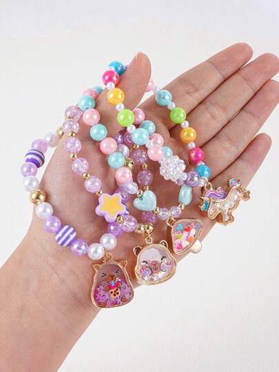 1 pieza Pulsera con cuentas con encanto de gato, capibara, unicornio con forma de corazón, llena de corazones coloridos, estrellas y lentejuelas, mejor regalo para niñas