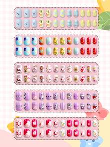 NAIO 120片装（5种款式）儿童小号按压式假指甲，亚克力材质，全覆盖，彩虹爱心可爱卡通亮面按压式假指甲套装，短款椭圆形假指甲套装，按压式美甲装饰礼品，附赠3卷胶带和3把指甲锉等美甲用品。 - 彩色 - 查看 8