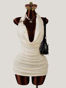 2026 New Knitted Hollow Out Sexy Low-Cut Plunging Neck Backless Sleeveless Mini Bodycon Dress, Party Celebration, Spring/Summer, Date Outfit Elegant - Champagne - View 1