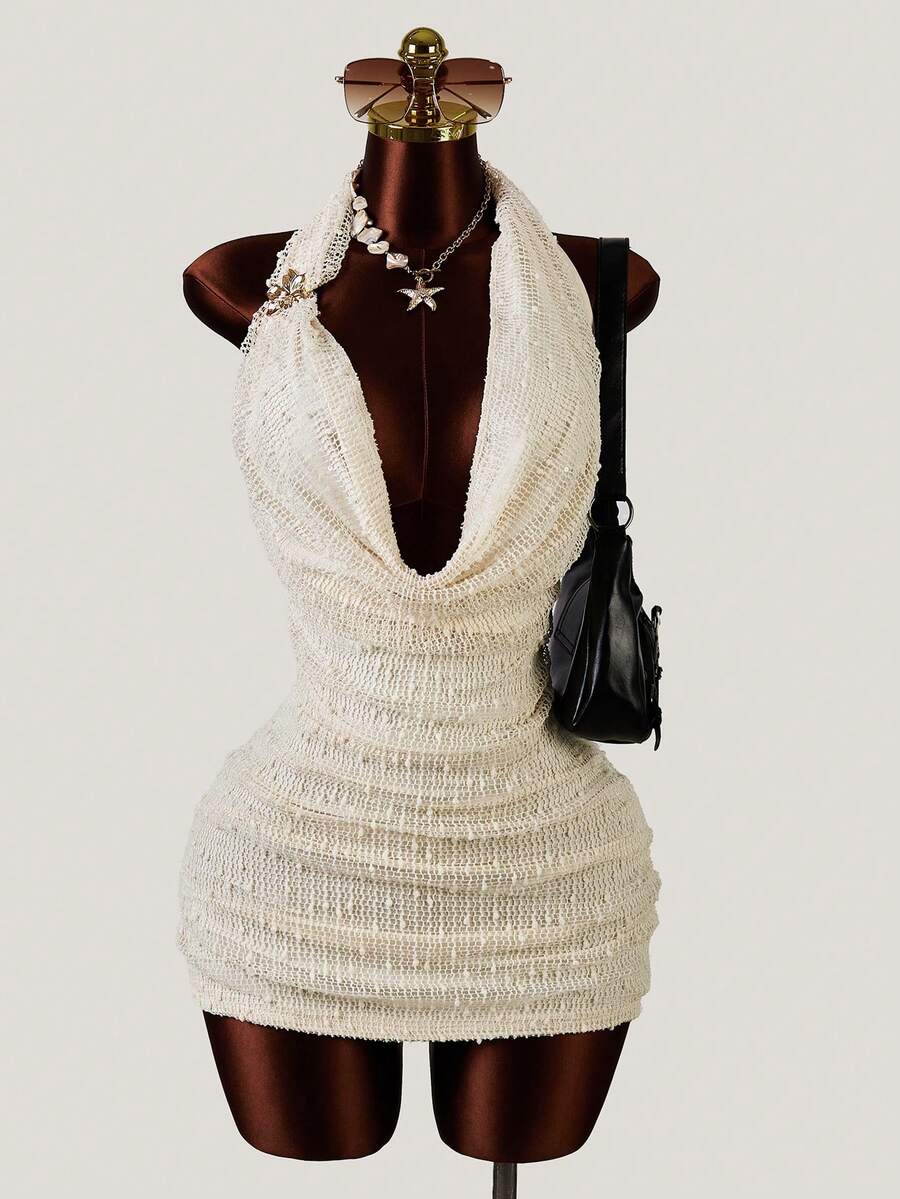 2026 New Knitted Hollow Out Sexy Low-Cut Plunging Neck Backless Sleeveless Mini Bodycon Dress, Party Celebration, Spring/Summer, Date Outfit Elegant - Champagne - View 1